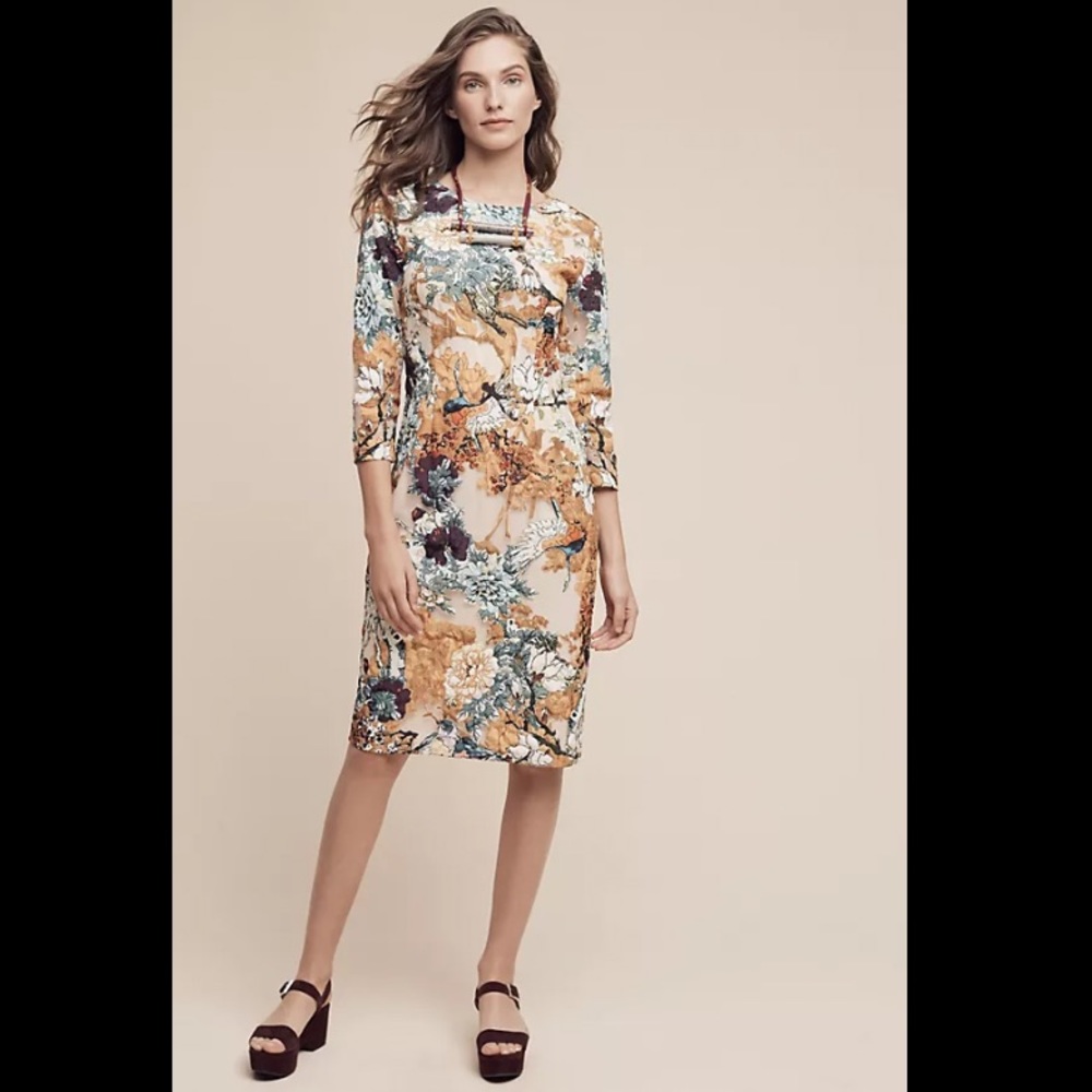 Golden forest and bird Anthropologie dress